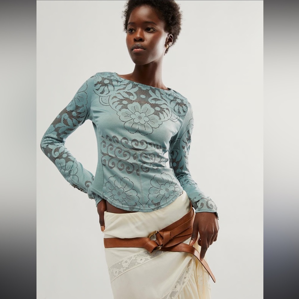 Free People Wild Rose Lace Long Sleeve Top - Size S